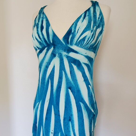 NEW Silk Short midi maxi halter summer Dress painted white blue beach resort 4 6 - Picture 8 of 12